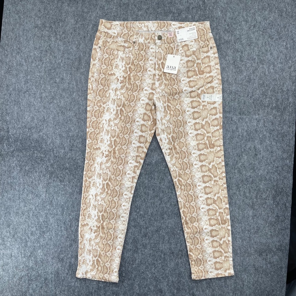 ANA Womens Pants Size 12 High Rise Ankle Skinny Pants Tan Snakeskin Print NWT